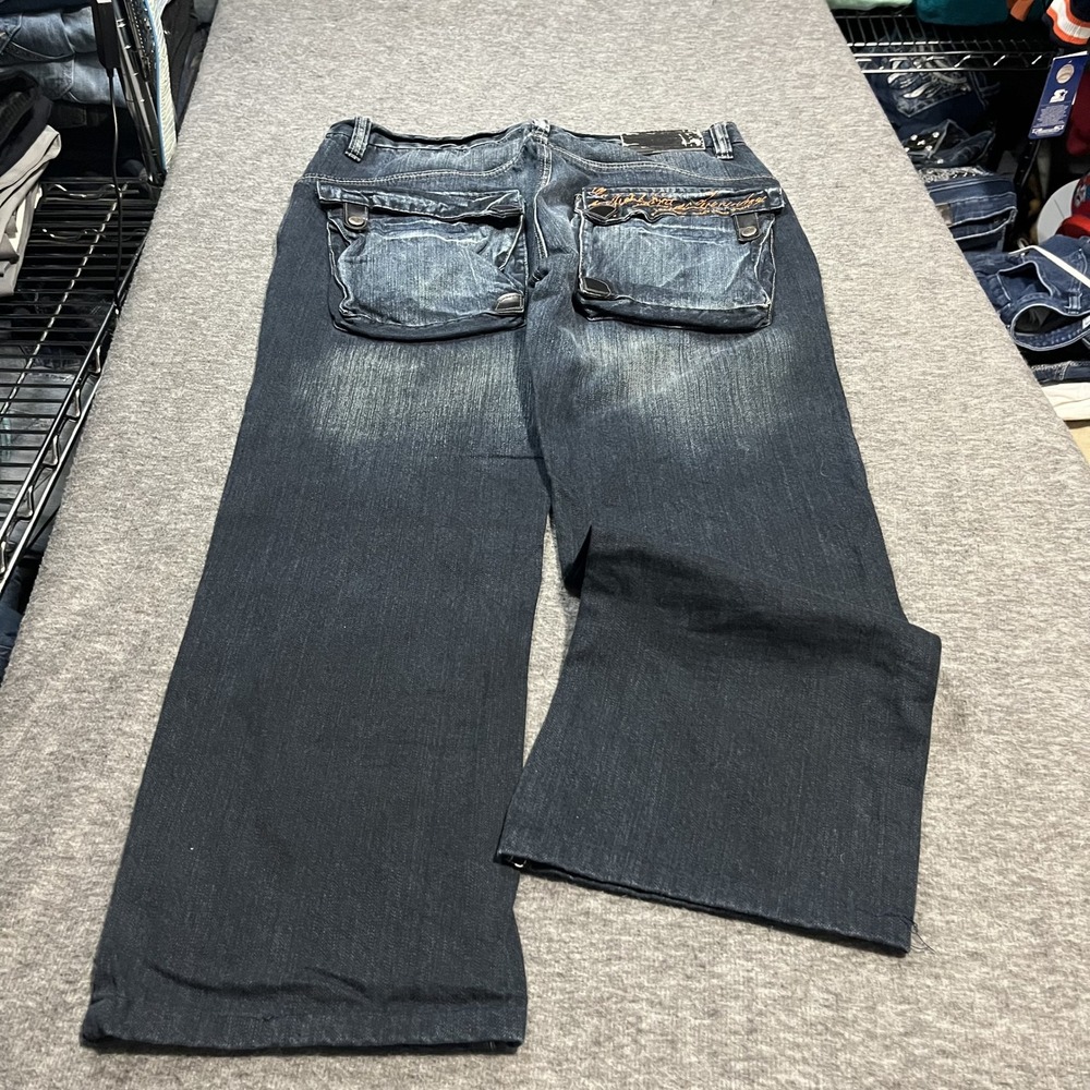 Phat Farm Mens Baggy Wide Leg Jeans Dark Wash Y2K Streetwear 34x27 baggy y2k